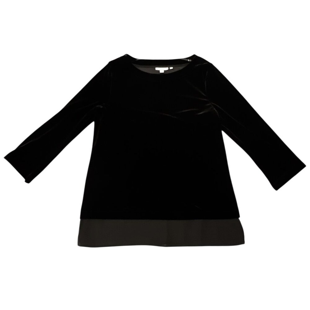 Chico's Travelers Velvet Tunic Chiffon Hem Top Women's Size Medium Black Velour